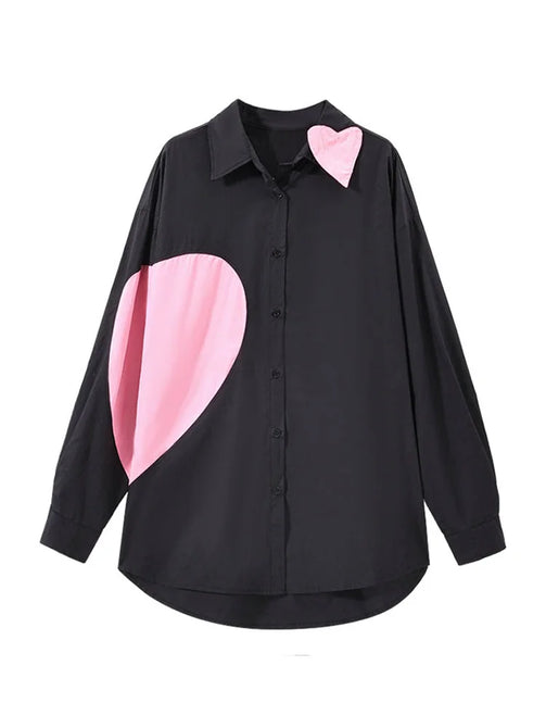 Designer Heart Contrast Color Long Sleeve Shirt For Women's Loose Versatile Chic Blouse Female