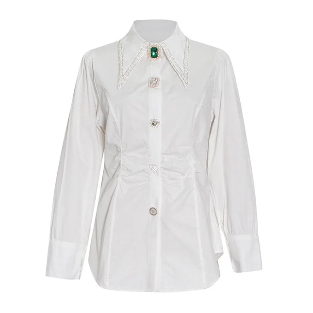Bluse Damen Hemden Frühling Button-Up Hemd Spitzkragen Lange Puffärmel Französische Vintage Perlmuttknopf lockere weiße Oberteile