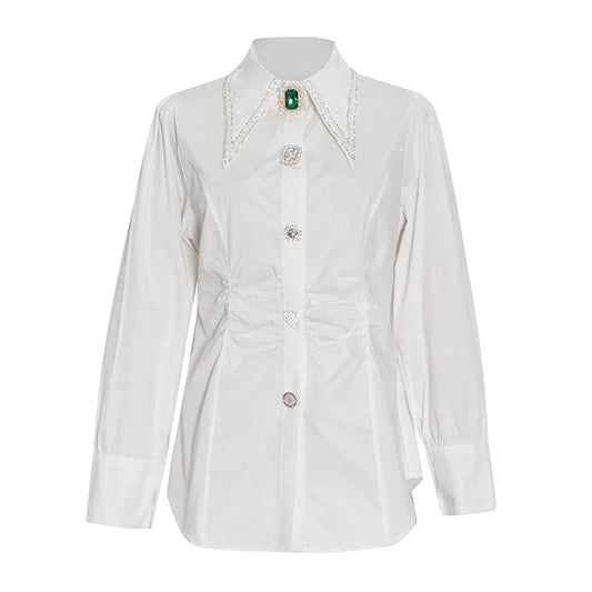 Blouse Women Shirts Spring Button Up Shirt Pointed Collar Long Puff Sleeve French Vintage Pearl Button loose White Tops