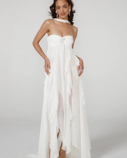 Chiffon rückenfreies sexy Strandkleid Rüschen Abend Langes Kleid Weiß Pink Ärmellos Elegante Maxikleider für Damen Sommer 2023