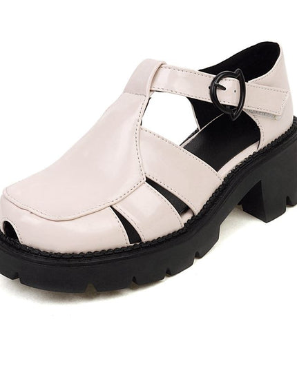 New Ladies Sandals Round Toe Thick Cover Heels Platform Buckle T-Strap Hollow Plus