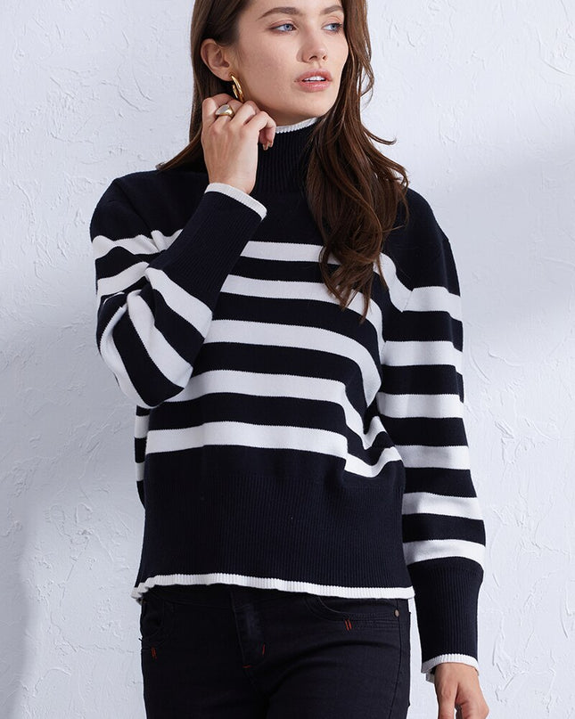 Turtleneck Striped Knit Sweater Women Long Sleeve Cropped Sweaters Vintage High Neck Knitted Sweaters & Jumpers For Women 2023