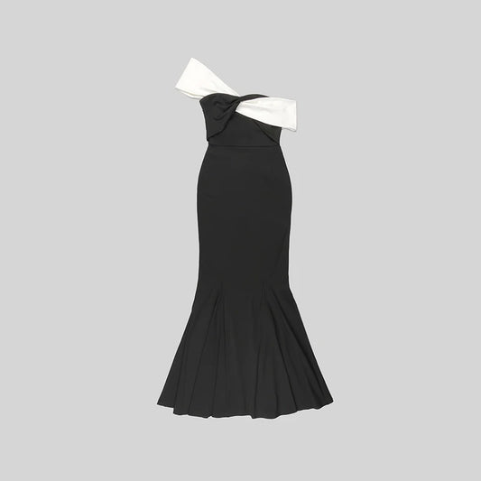 Colorblock One Shoulder Strapless Long Skirt For Women Sleeveless High Waist Belt Design Elegant Dress