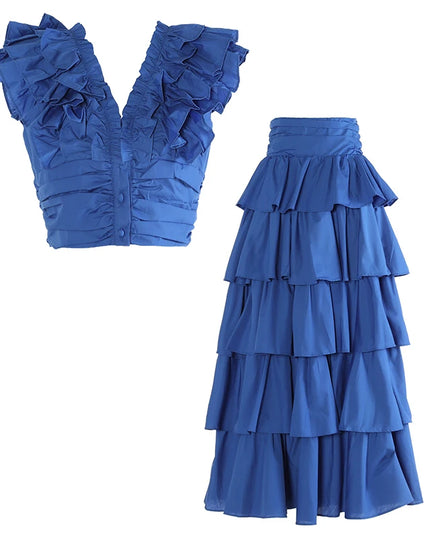 Ruffled Top Skirt Two Pieces Set For Women Short Sleeve High Waist Layering Elegant Sets Female Clothing