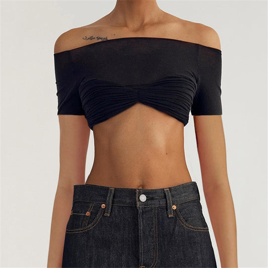 Elegant Knit Fashion Outfits See Through Women's Tops Summer Short Sleeve Off Shoulder Crop Tops Solid Streetwear