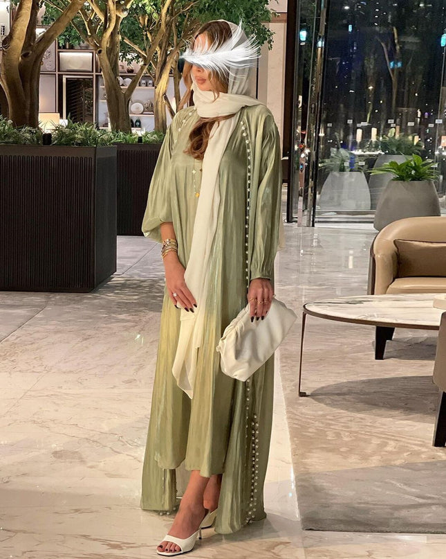 Elegant Muslim Stes Dress: 2-Piece Shiny Djellaba Suit for Modest Women