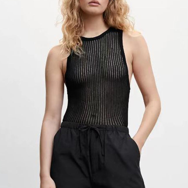 Sommer Ärmelloses Strick Top Hohl Tank Top Gestreift Durchsichtig Schmal Kurz Geschnittenes Oberteil für Damen Elegante Basic Cropped Top Kleidung