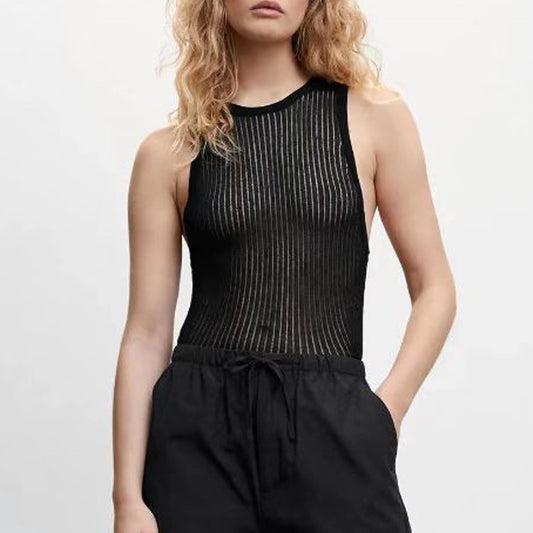 Summer Sleeveless Knit Hollow Out Tank Top Stripe Sheer Slim Crop Tops for Women Elegant Basic Cropped Top Clothes