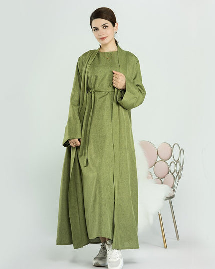 Elegant and Versatile: Two-Piece Djellaba Abaya Set with Belt for Muslim Women in Dubai