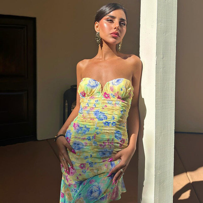 Elegante geraffte Rüschen-Midikleider mit Blumendruck, unregelmäßige Outfits für Damen, Club-Party, sexy trägerlose Sommerkleider