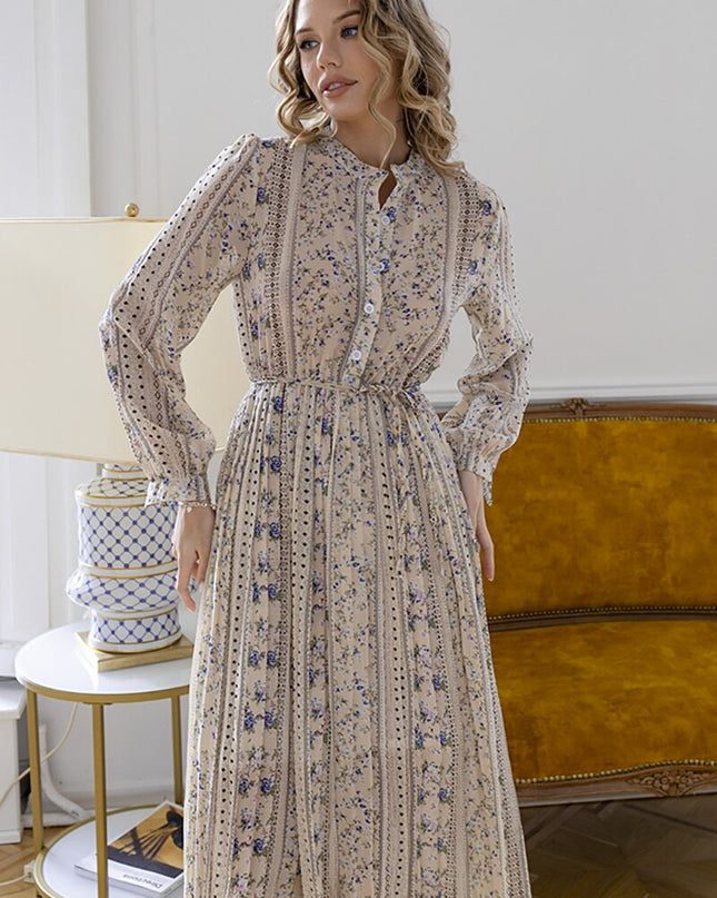 Vintage Blau Blumen Damen Sommer Langes Kleid Chiffon Langarm Elegant Damenkleid Maxi Boho Strandkleider Für Frauen