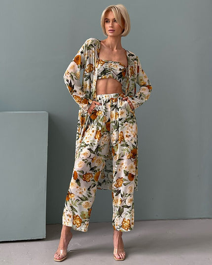 3 Pieces Set Outfits Women Wrap Chest Cardigan Pants Suit 3 Piece Sets Summer Floral Chiffon Sexy 3 Piece Matching Set For Women