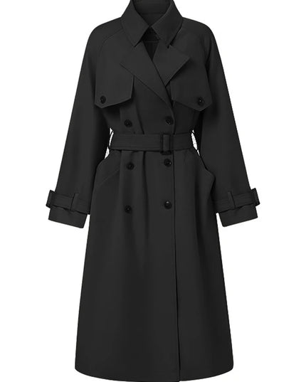 Grabenmantel Damen Herbst Lässiger Langarm Langer Windbreaker Weiblich Koreanische Mode Eleganter Zweireiher Gürtel Oberbekleidung