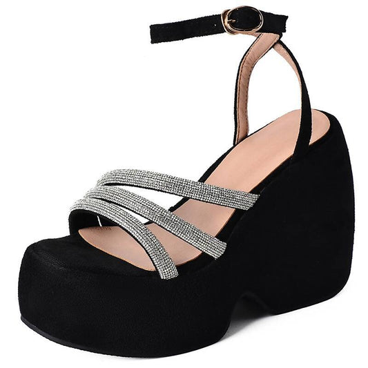 Ladies Sandals Wedges Flock Platform Hill 5cm Ankle Buckle Strap