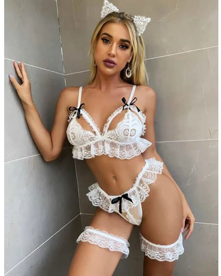 Sexy zweiteiliges Dessous-Set Damenmode Weißer Trägerloser Rückenfreier Durchsichtiger Spitzen-BH Unterwäsche Höschen Erotisches Sexkostüm