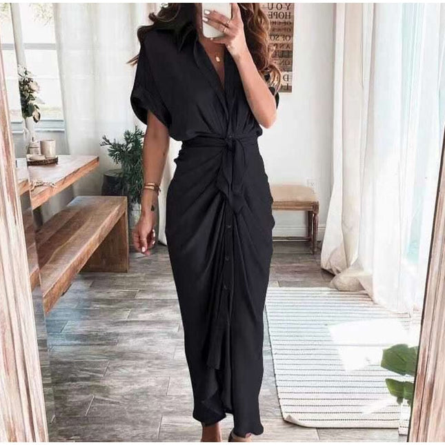 Elegante Damenkleider 2023 Sommer Mode Bedrucktes Kurzarm-Hemdkleid Vintage Taillenschnürung Knopfbandage Langes Kleid Robe