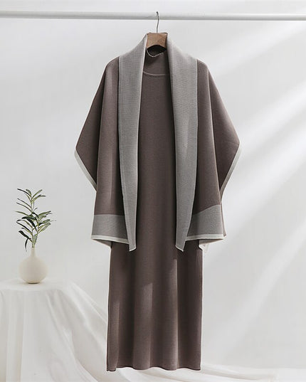 Elegant Knit Two Piece Set Black Brown Shawl Dress Women Knit Suit 2 Piece Sets Women Outfit Winter Knitted Two Piece Women Sets