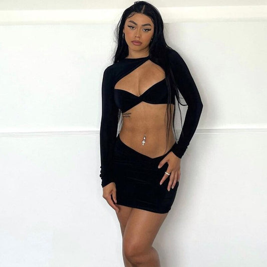 Elegant Fashion Sexy Twist Cut Out Long Sleeve 2 Piece Sets Summer Outfits Matching Sets Crop Top and Skirts Chic
