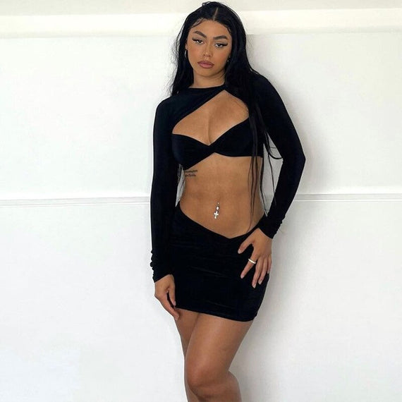 Elegant Fashion Sexy Twist Cut Out Long Sleeve 2 Piece Sets Summer Outfits Matching Sets Crop Top and Skirts Chic