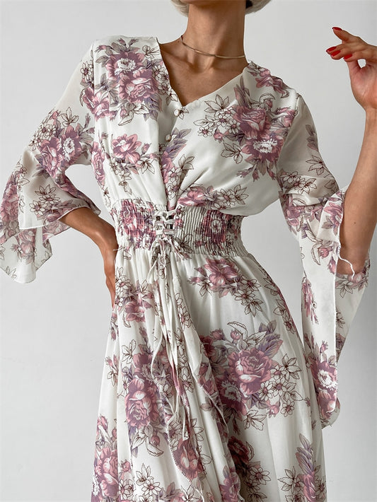 Chiffon Floral Bandage Long Dresses Elegant Vintage Pink Flower Evening Dresses Summer Sexy Bodycon Maxi Dresses For Women 2023