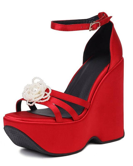Women Sandals Open Toe Wedges Heel Platform Buckle Strap String Beads Flower Sexy Party Female Shoes Satin