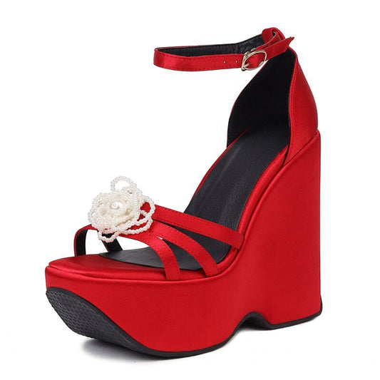 Women Sandals Open Toe Wedges Heel Platform Buckle Strap String Beads Flower Sexy Party Female Shoes Satin